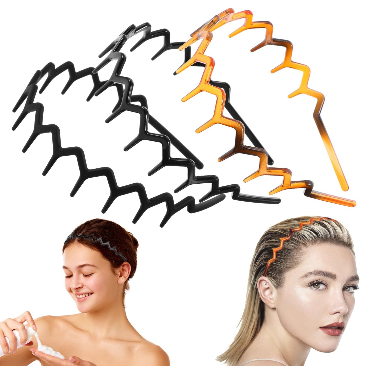 6pcs Zig Zag Headband,Squiggly Headband,Headband with Teeth,Plastic Leopard Print Headband,Shark Tooth Headband for Women Lady Matte Black, Glossy Black, Turtle Color