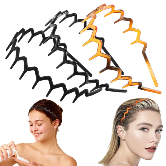 6pcs Zig Zag Headband,Squiggly Headband,Headband with Teeth,Plastic Leopard Print Headband,Shark Tooth Headband for Women Lady Matte Black, Glossy Black, Turtle Color