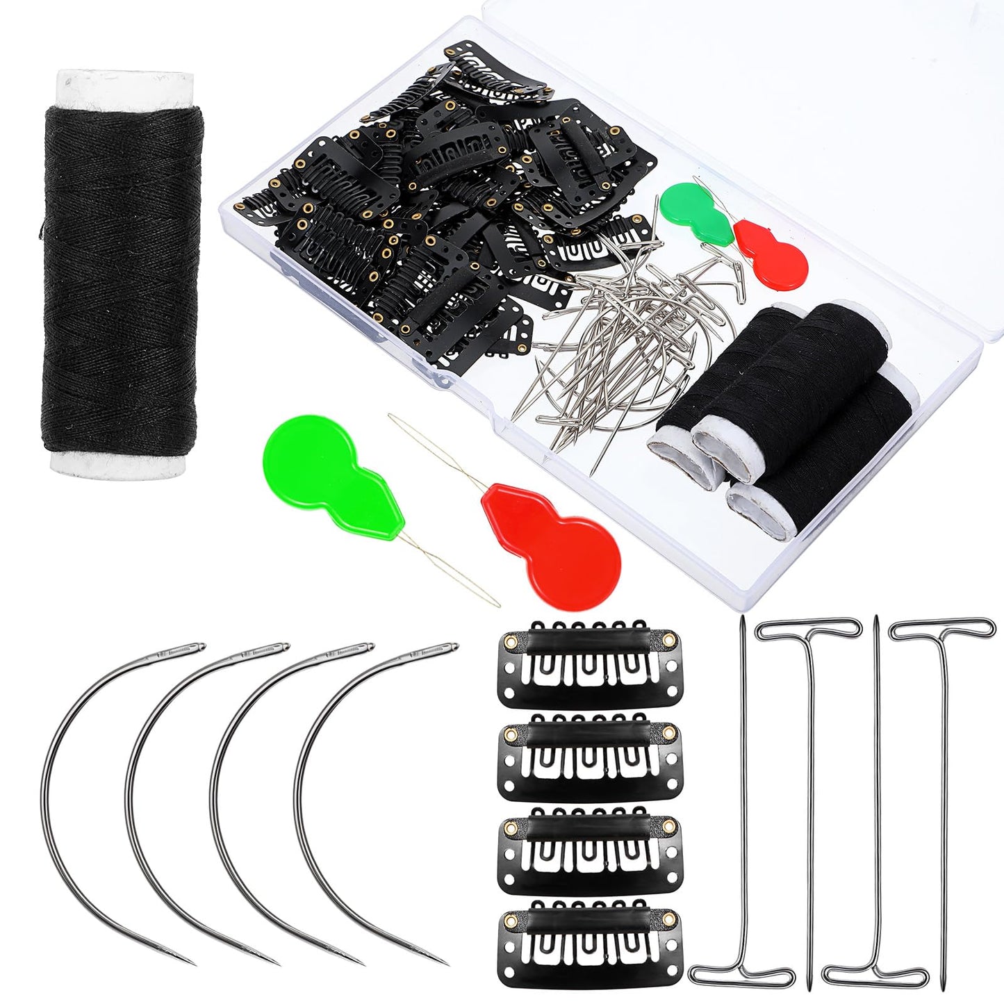 Telooco Extension Clips 85 Pieces Hair Extensions Clip Wig Making Set U Shape Hair Extension Clips Curved Needles T-Pins Weaving Thread Needle Threader for Wig Making Hair Extensions