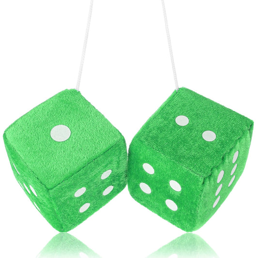 Fuzzy Dice for Rear View Mirror, Green Fuzzy Dice for Car Mirror, 2.75inch Pair of Plush Retro Square Hanging Dice with White Dots Cute Car Decoration Ornament Accessories