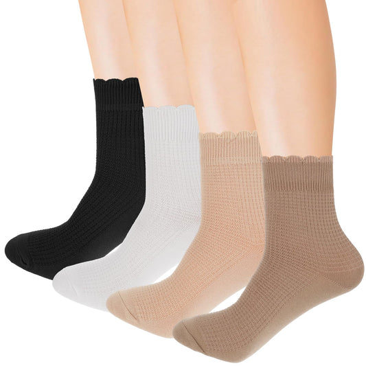Yolev 4pcs Women Cute Ruffle Frilly Turn Cuff Ankle Socks Scalloped Pointelle Solid Casual Crew Socks Lightweight Premium Thin Crew Socks Bulk Pack