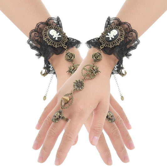 DIVINA VITAE Pirate Fingerless Lace Gloves Gothic Floral Lace Mesh Gloves Vintage Steampunk Wristband Ring Gloves Pirate Accessories Bracelet Ring Set for Woman Girl