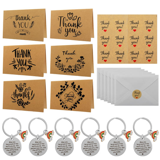 6 Packs Thank You Teacher Gifts Thank You Card with Keyring Thank You Gifts for Colleagues Nursery Teachers, Brown-Paper Postcard with Envelope & Inspirational Keychain for Thanksgiving Christmas
