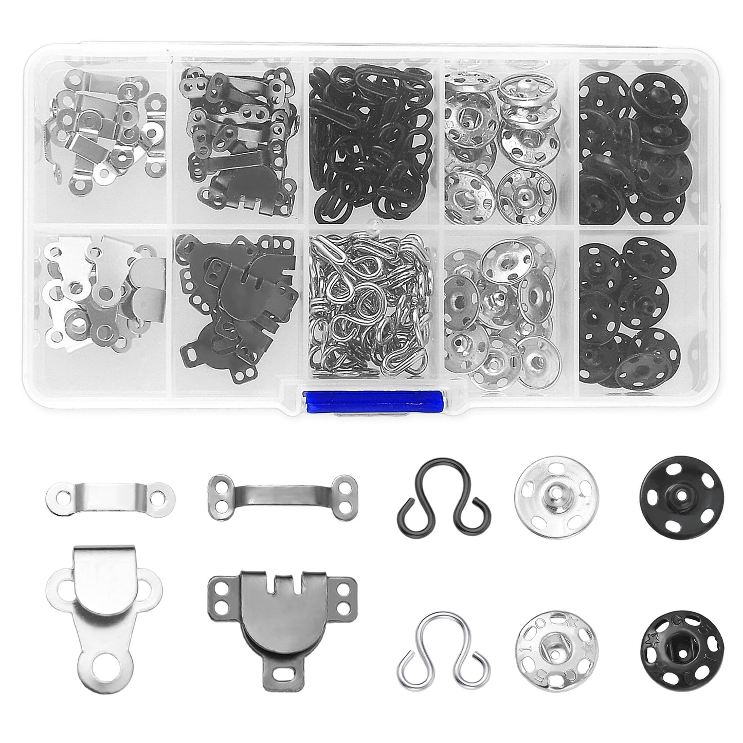 Telooco 100 Pcs Sewing Hooks and Eyes Kit Poppers Fasteners Sew-on Snap Buttons Fix Sewing Clips Accessories for Coats Bra Skirt Bags Fabric DIY Crafting(3 Style,Black and Silver)