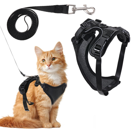 Cat Harness and Leash Set, Escape Proof Soft Adjustable Cat Leash, Kitten Breathable Comfortable Vest, Easy to Wear Kitten Harness for Outdoor Walking(Black, S)