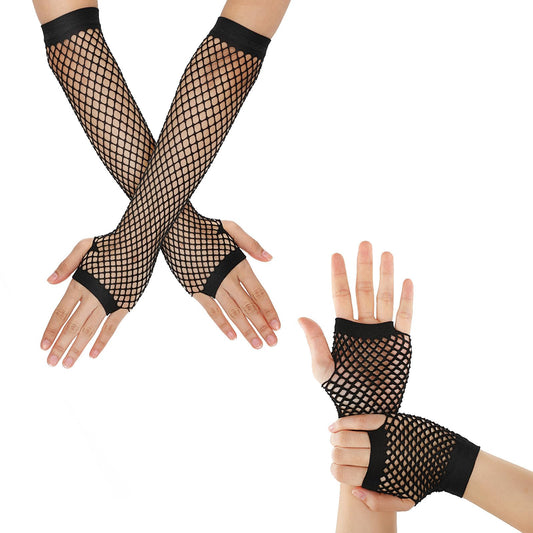 Lusofie 2 Pairs Fishnet Gloves Fingerless Long Black Gloves 80s Accessories Vintage Nylon Stretchy Black Gloves Costume for Disco Dance Parties Fancy Cosplay (Long+Short (Black)