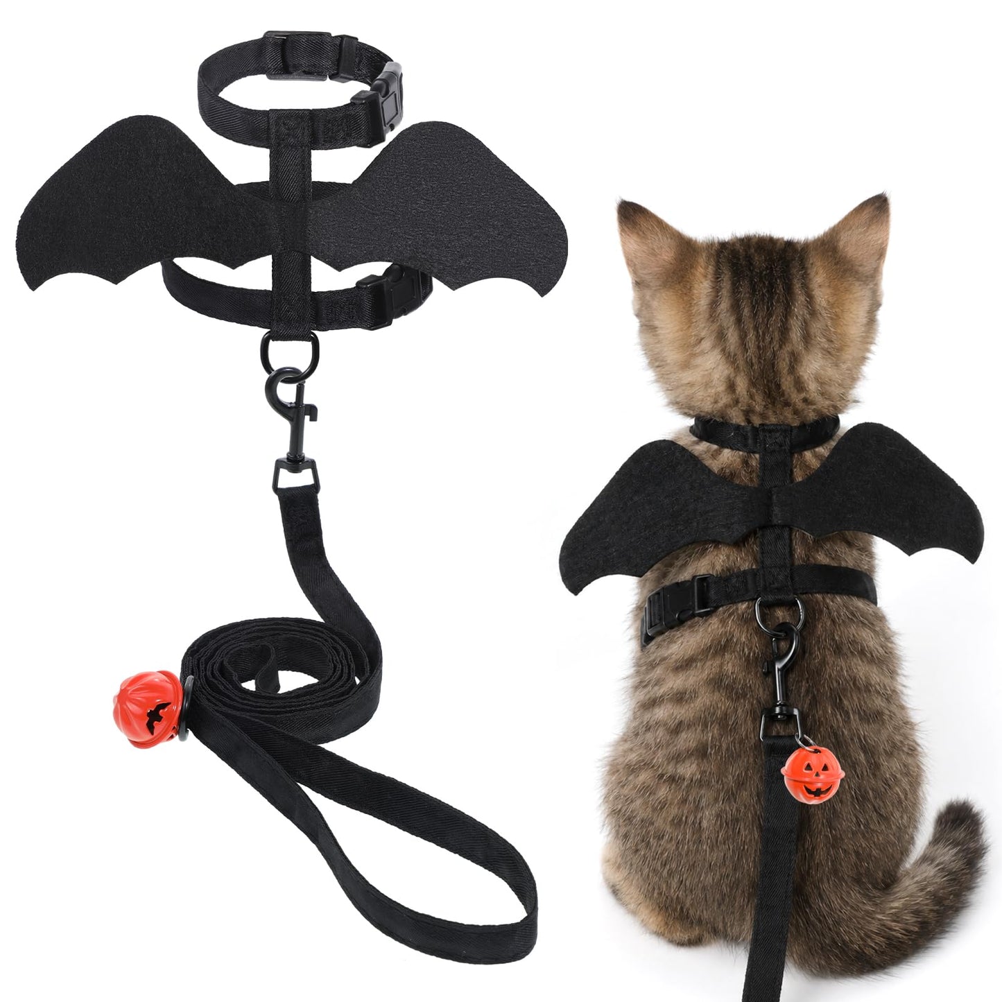 Cat Harness and Leash, Cat Halloween Costumes with Bat Wings & Pumpkin Bell