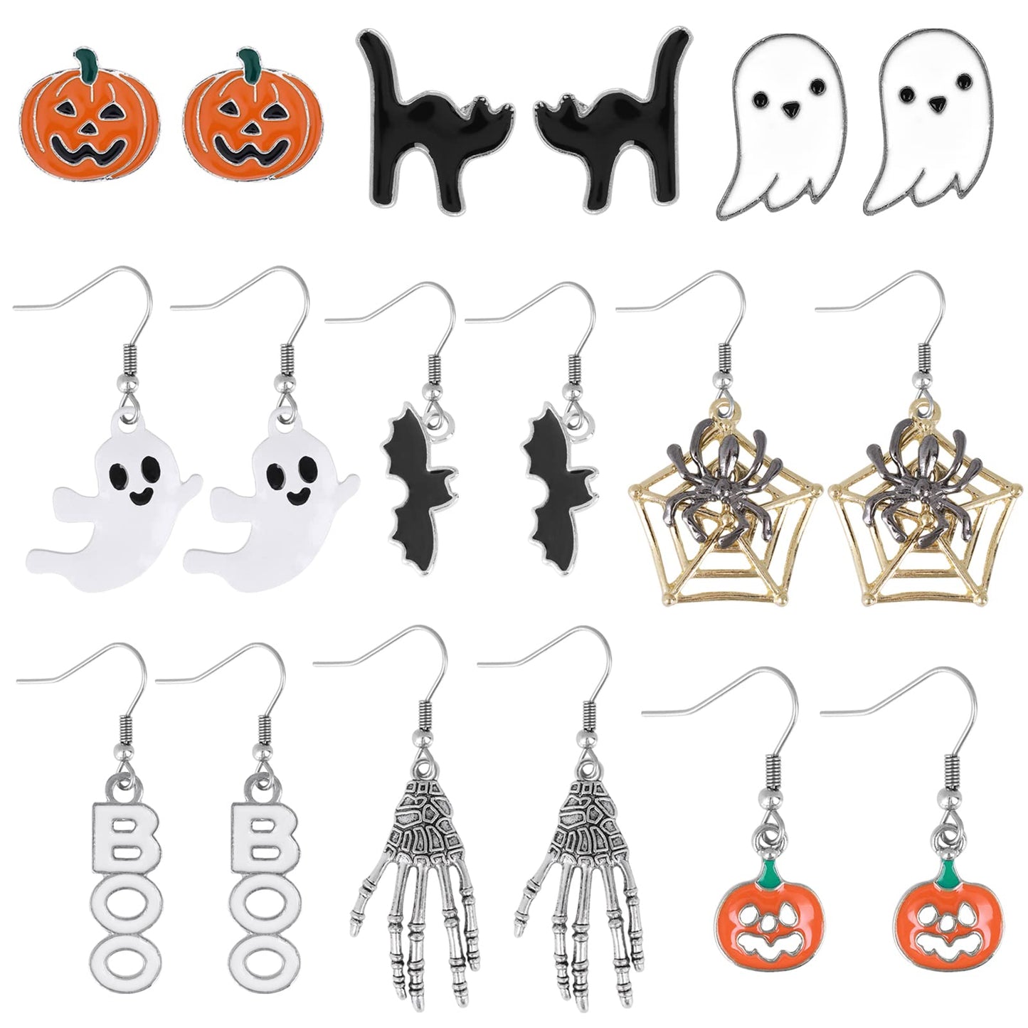 Yolev 9 Pairs Halloween Stud Earrings Halloween Drop Dangle Earrings Spider Web Pumpkin Ghost Bat Boo Halloween Drop Earrings for Women Girls