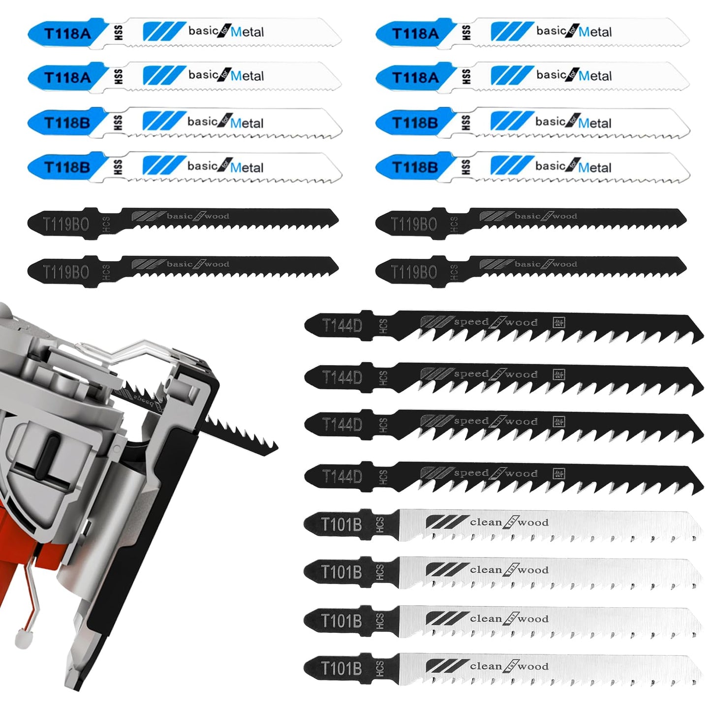 Jig Saw Blade Set 20Pcs T Shank Jigsaw Blades Multi-Purpose Hcs/Hss Jig Saw Blades for Wood, Pruning Plastic Metal Cutting Made(T118A, T118B, T119BO, T101B, T144D, Each 4Pcs)