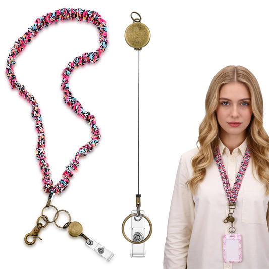 Gemoioio Scrunchie Lanyard Teacher, Stretchy Teacher Lanyard Scrunchie for ID Badges, Cute Badge Lanyards with Retractable Reel for Women Nurse Teachers Cruise Ship