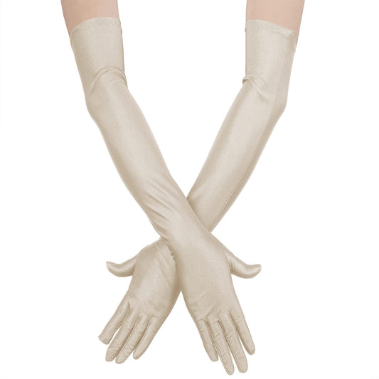 Yolev Women's Long Satin Finger Gloves Opera Bridal Dance Gloves Party Stretchy Gloves Adult Size Total Length 20.47 In (Beige)