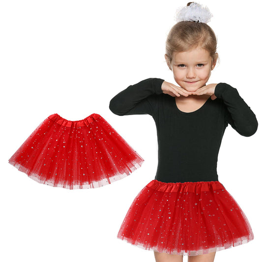 Girls Tutu Skirt with Stars Sequin, Little Girls 3 Layers Tutu Skirt Kids Colorful Party Princess Dance Tutu Princess Dress Ballet Skirt (Red)