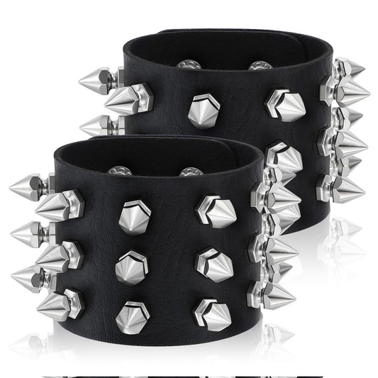 HaiFafafaing Studded Bracelet, Gothic Punk Rock Biker Cuff Wrap Bangle, Snap Button Black Leather Rivet Bracelet For Men And Women