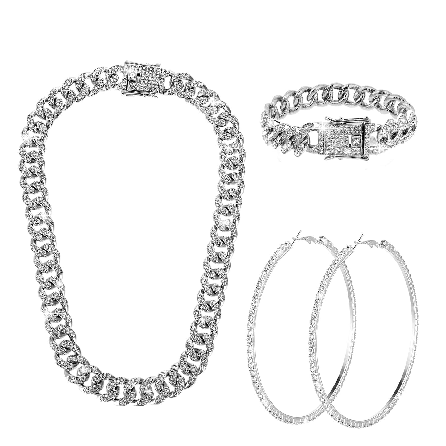 Telooco 3PCS Cuban Link Chain Women's Cuban Rhinestone Necklace Tennis Bracelet Circle Earrings Set Hip Hop Date Party