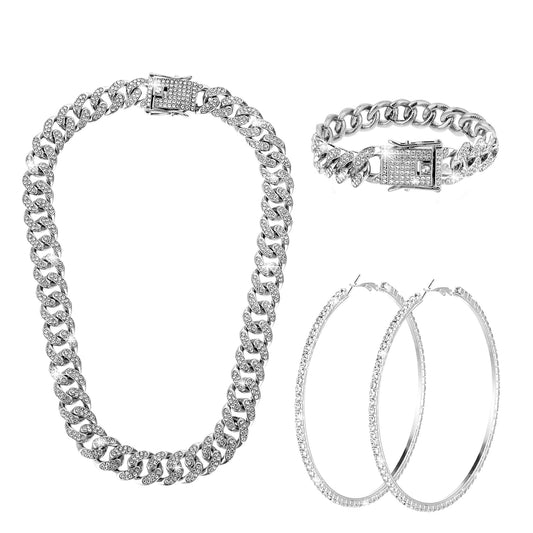Telooco 3PCS Cuban Link Chain Women's Cuban Rhinestone Necklace Tennis Bracelet Circle Earrings Set Hip Hop Date Party