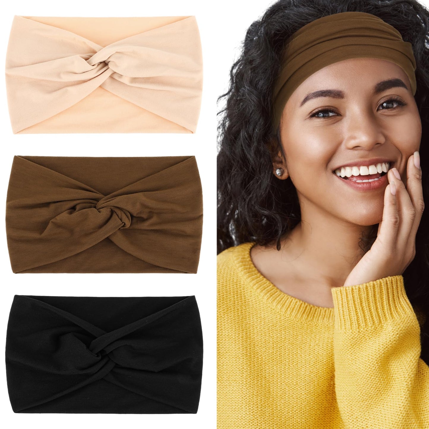 Lusofie 3Pcs Stretchy Wide Headbands for Women, Extra Large Turban Headband Twisted Knotted Sport Headband Hairband for Daily Life Yoga Workout(18cm/7.09inch Width)