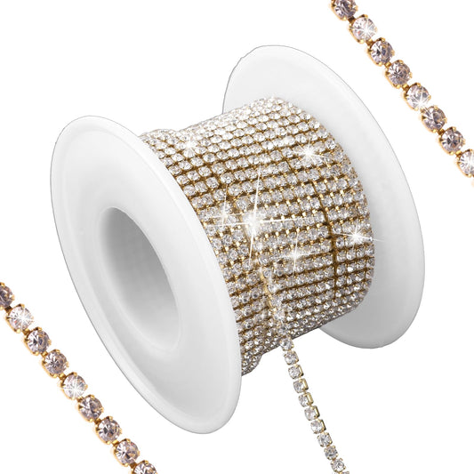 Lusofie 10 Yards 2MM Crystal Rhinestone Close Chain Gold Rhinestone Chain Claw Rhinestone Trim Roll String for Crafts Clothes Sewing Jewelry DIY Wedding Decoration