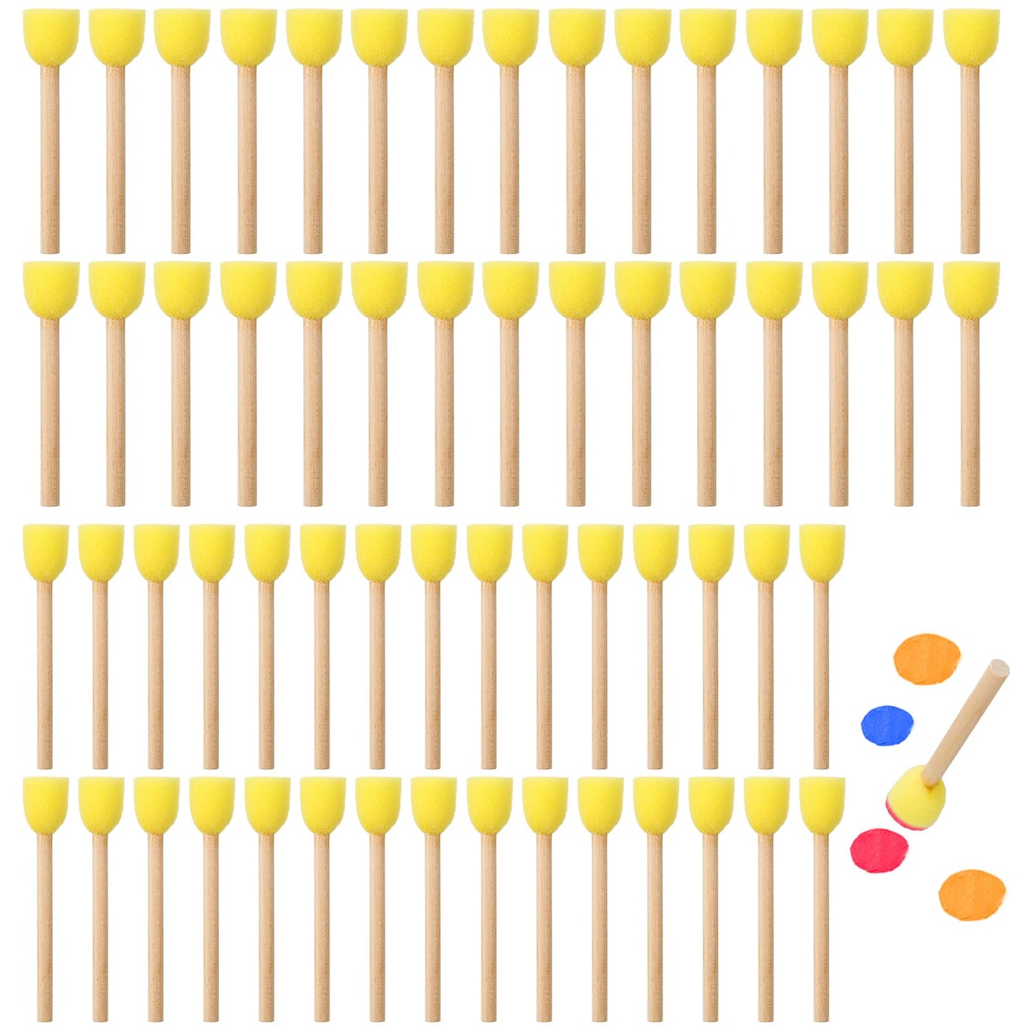 60Pcs Foam Brush for Painting, Round Sponge Brushe, Paint Sponges with Wooden Handle Paint Tools for Kids Graffiti Watercolours Arts and Crafts Supplies (Yellow)