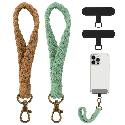 Lusofie 2 PCS Boho Macrame Phone Wrist Strap with 2×Tether Tab,Handmade Macrame Keychain,Women Men Wrist Strap for Phone Case(Green + Brown)