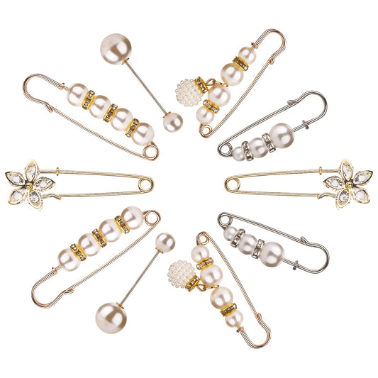 Yolev 10 Pieces Artificial Pearl Brooch Safety Pins Heavy Duty Safety Pins Sweater Shawl Clip Safety Pins Beautiful and Practical Rhinestone Pins for Women