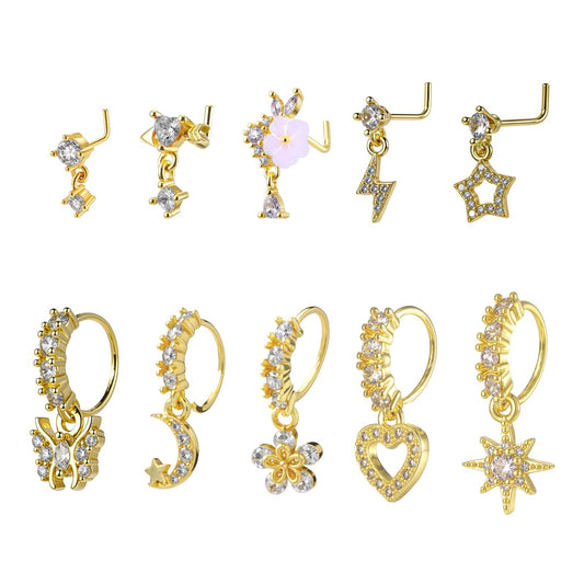 Fiyooau 10Pcs 20g Gold Dangle Nose Ring for Women L Shaped Nose Studs Dangling Nose Ring Hoops Copper CZ Flower Star Butterfly Heart Dangly Nose Piercing