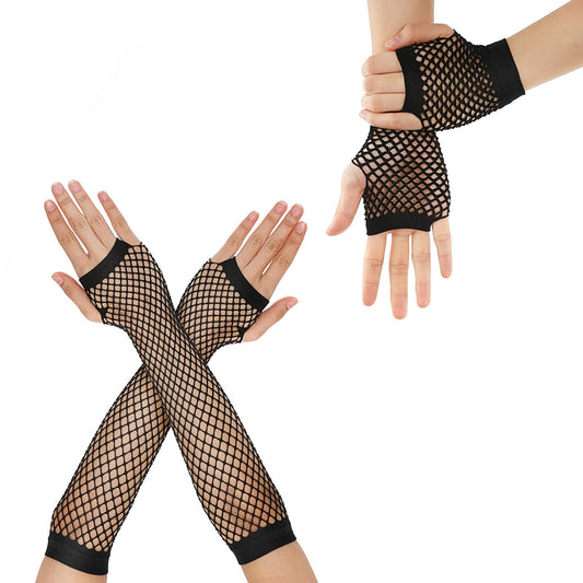 HaiFafafaing 2 Pairs Fishnet Gloves Fingerless 80s Black Fingerless Fishnet Arm Sleeves Long Short Mesh Gloves Fish Net Arm Sleeves For Women And Girls Theme Party Costume Accessory