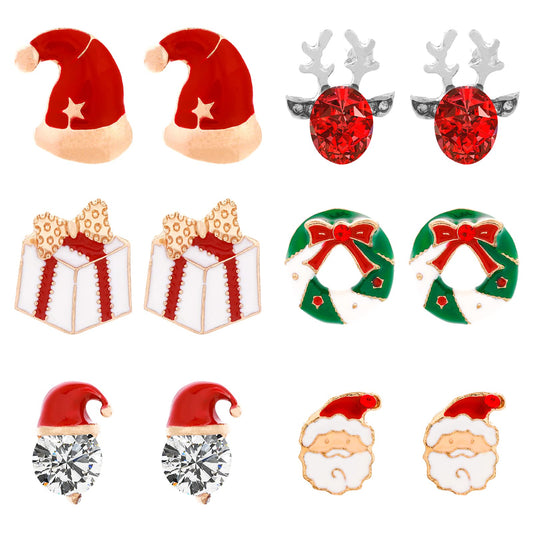 Yolev 6 Pairs Christmas Earrings for Women Crystal Gemstone Santa Christmas Hat Earrings Luxury Christmas Reindeer Antlers Xmas Earrings Holiday Earrings