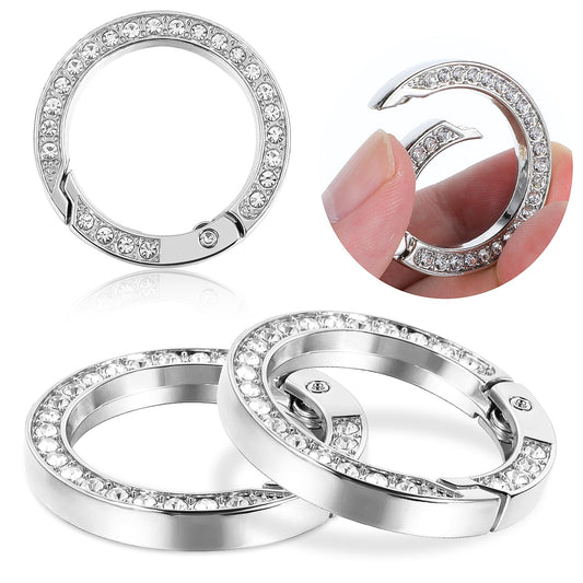 Telooco Rhinestone Spring O Rings 4Pcs Bling Round Carabiner Clip 1" 25mm Diamond Buckle for DIY Crafts Keyring Strap Making, Silver, One size
