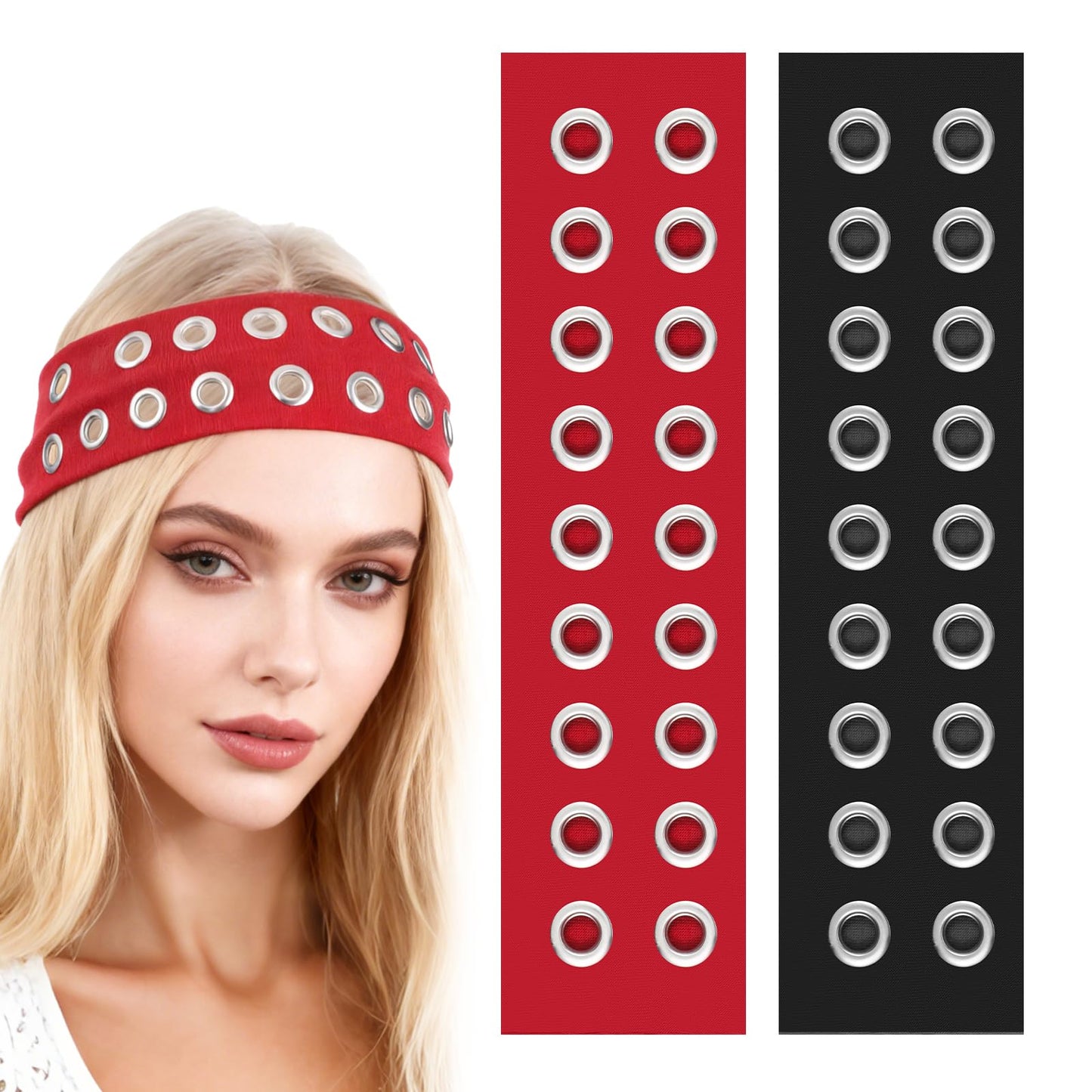 2pcs Hollow Grommet Headband, Y2k Wide Eyelet Headbands, Punk Grunge Hair Band, Wide Comfort Stretch Non Slip Fashion Casual Hair Accessory(Black, Red)