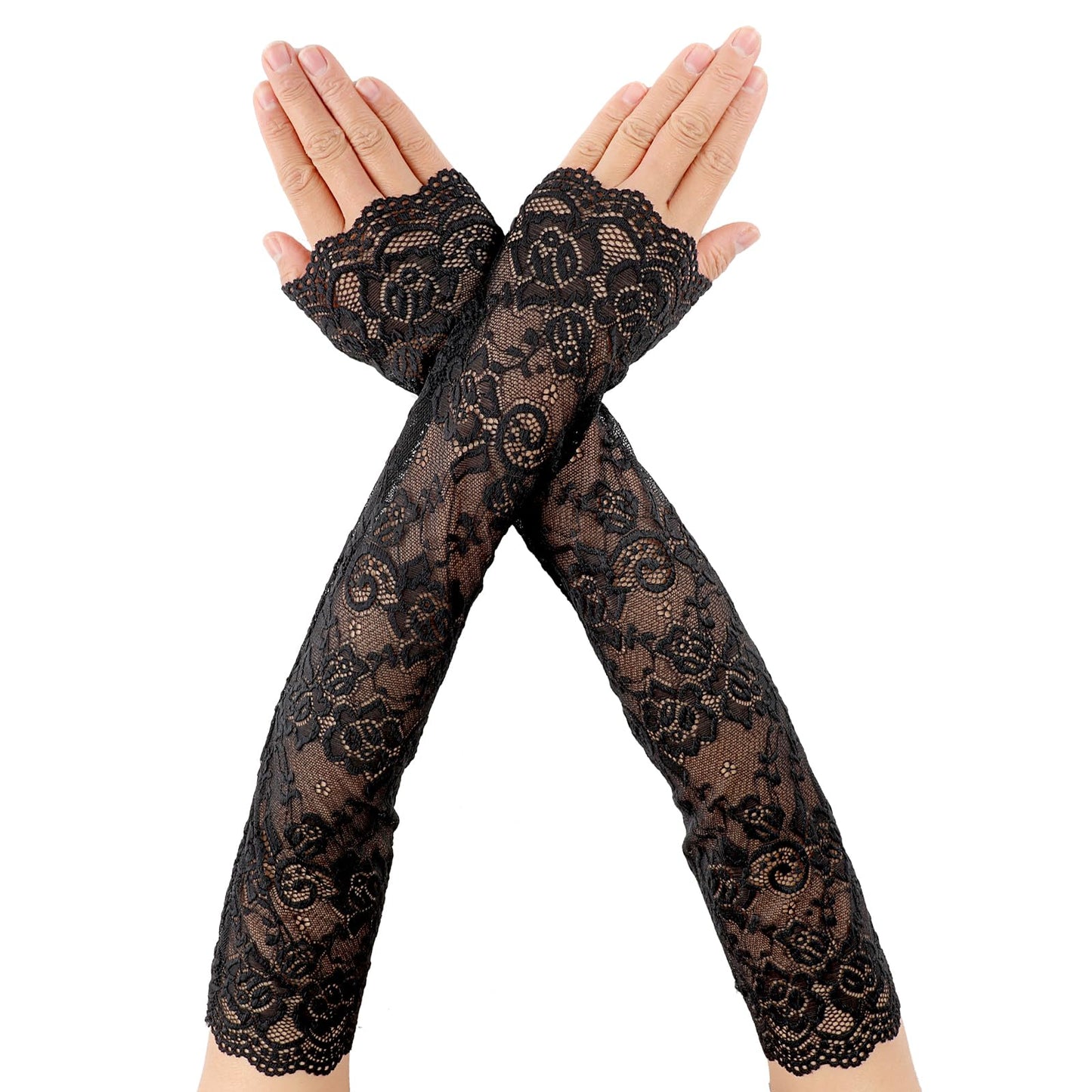 Lace Arm Sleeves, Women's Floral Lace Sleeves Hollow Out Long Sunscreen Gloves Fingerless Driving Gloves(Black)