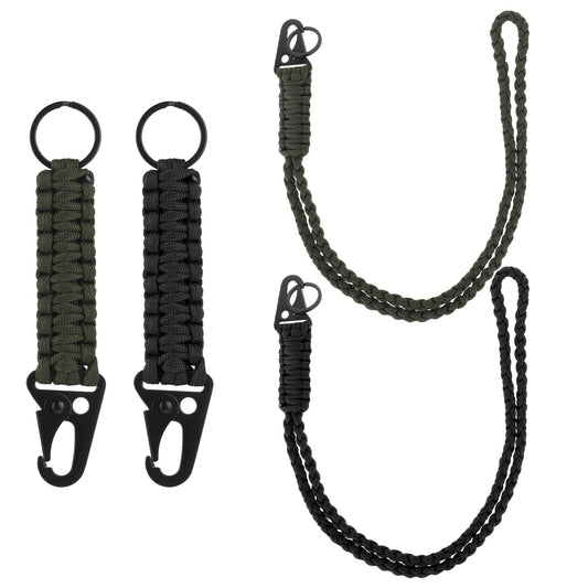DIVINA VITAE 4Pcs Heavy Duty Paracord Keychain Lanyard Braided Keychain Lanyard with Clip, Parachute Rope Necklace Keychains for Outdoor Survival Camping Hiking(Black + Army Green)