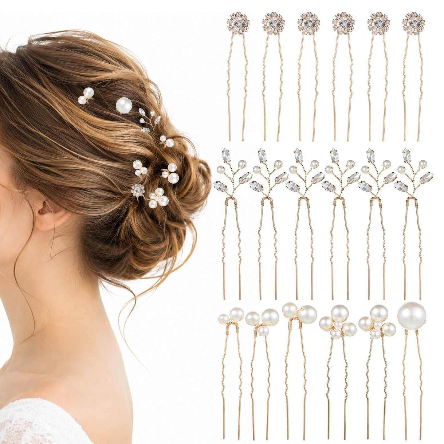 18PCS Gold Decorative Hair Pins, U Shaped Bridal Hair Pins, Pearl Rhinestones Wedding Hairs Pin, for Bridesmaid and Attire for a Prom