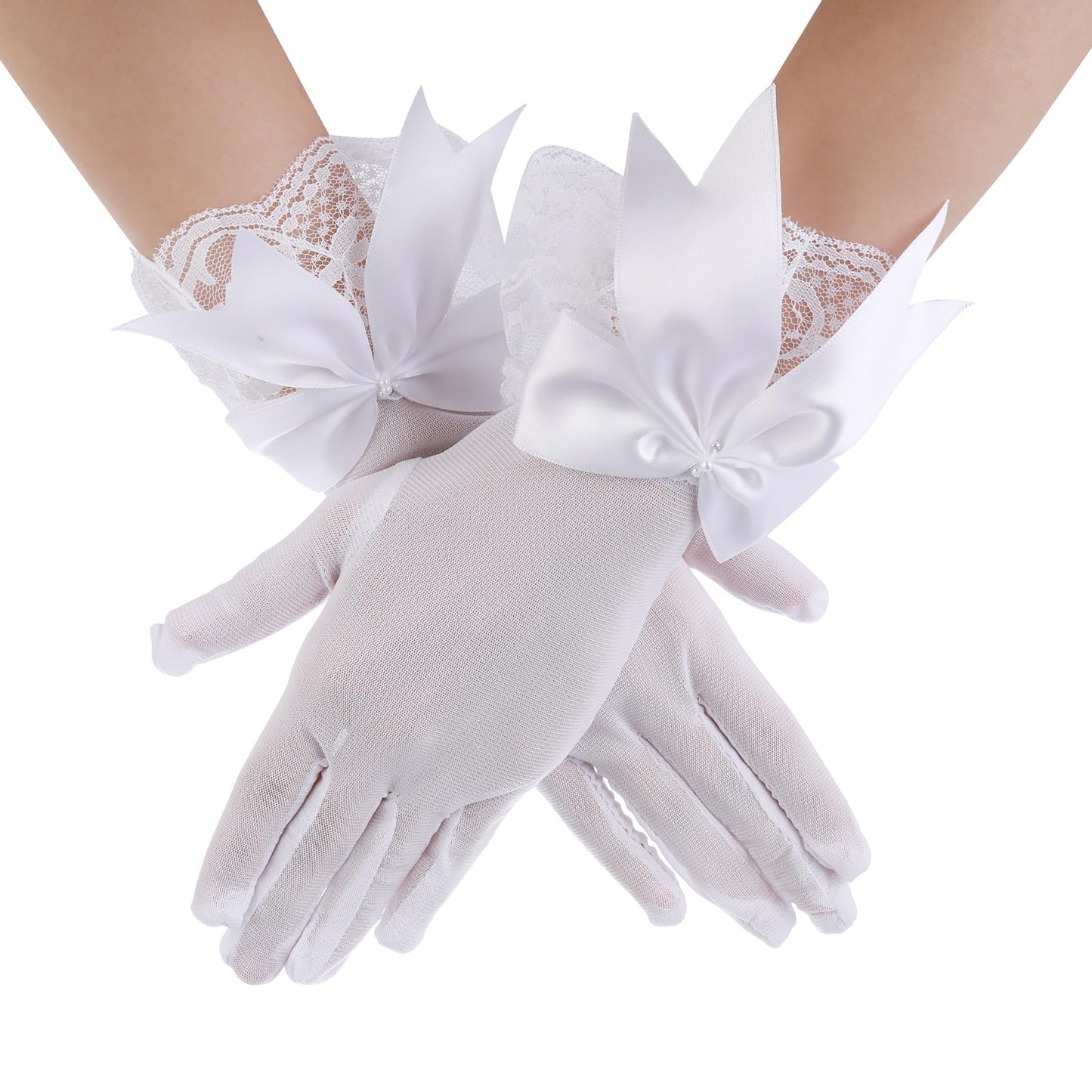 Telooco Women's Short Lace Gloves White Bow Lace Party Gloves Lace Mesh Gloves 1920s Dance Gloves Vintage Opera Gloves Wedding Halloween Costume