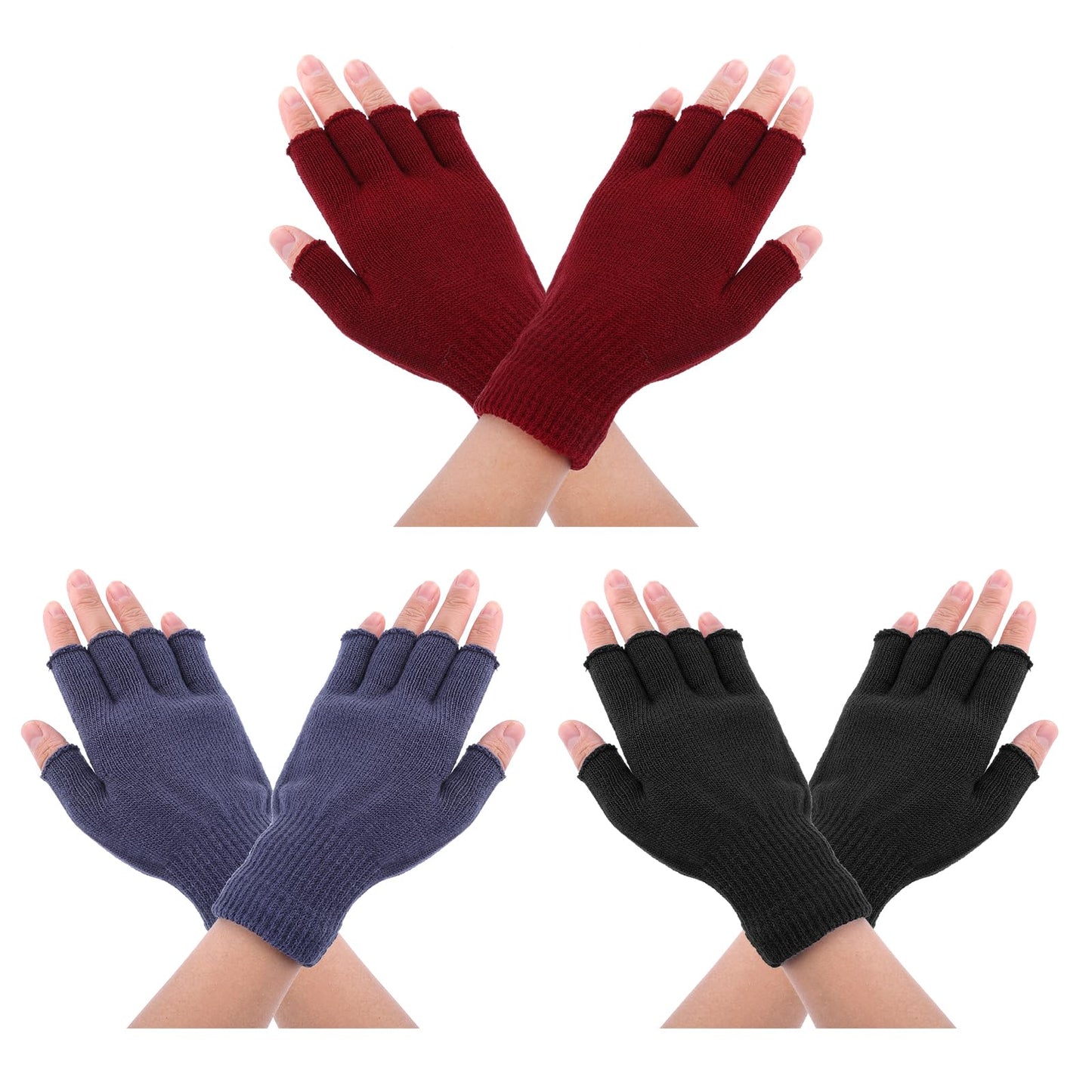 Lusofie 3 Pairs Half Finger Gloves Fingerless Gloves Winter Knit Fingerless Gloves Fingerless Gloves for Women Men for Outdoor Working Running Cycling Skiing