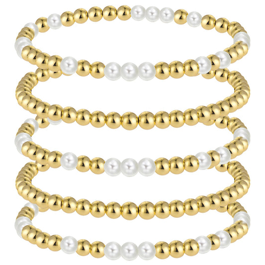 Yolev 5pcs Gold Beaded Bracelets for Women Pearl Bracelet Set Beaded Stretch Strand Bracelets Gold Plated Stretch Bead Ball Bracelet Hypoallergenic Bohemian Bracelets