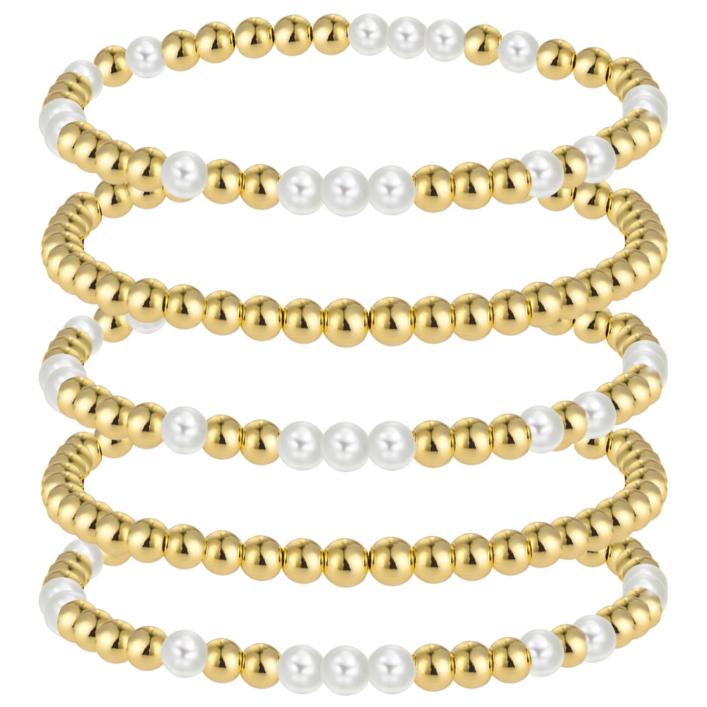 Yolev 5pcs Gold Beaded Bracelets for Women Pearl Bracelet Set Beaded Stretch Strand Bracelets Gold Plated Stretch Bead Ball Bracelet Hypoallergenic Bohemian Bracelets