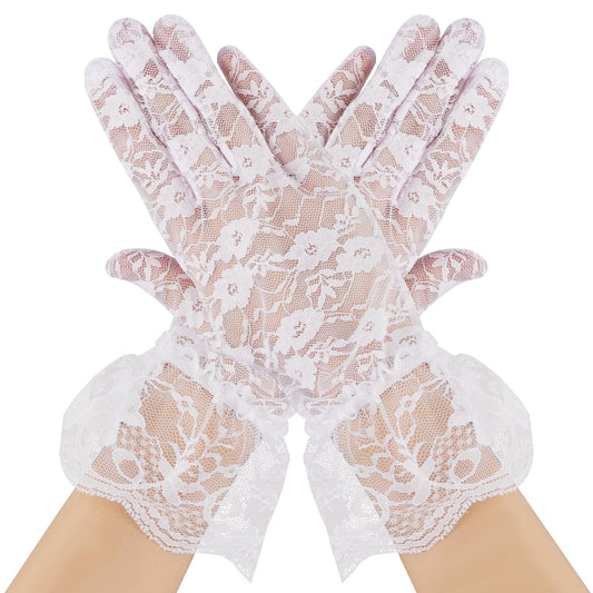 Lusofie Lace Gloves for Women Elegant Short Mesh Gloves Ladies Floral Opera Gloves Women Accessories for Wedding Bridal Opera Party Halloween Costume(White)