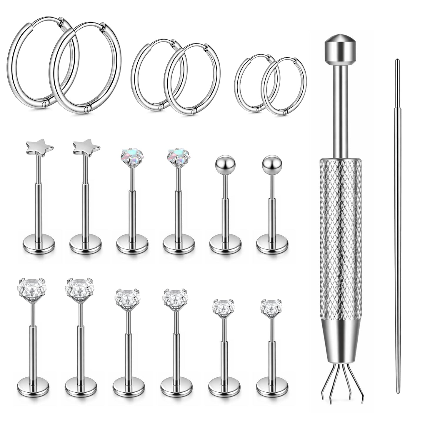 9 Pairs Threadless Flat Back Earrings, 20G Stainless Steel Cartilage Earrings for Women, Anti-sensitive Flat Back Stud Earring for Piercings of the Tragus Auricle Ear Cartilage Concha Nose Lip