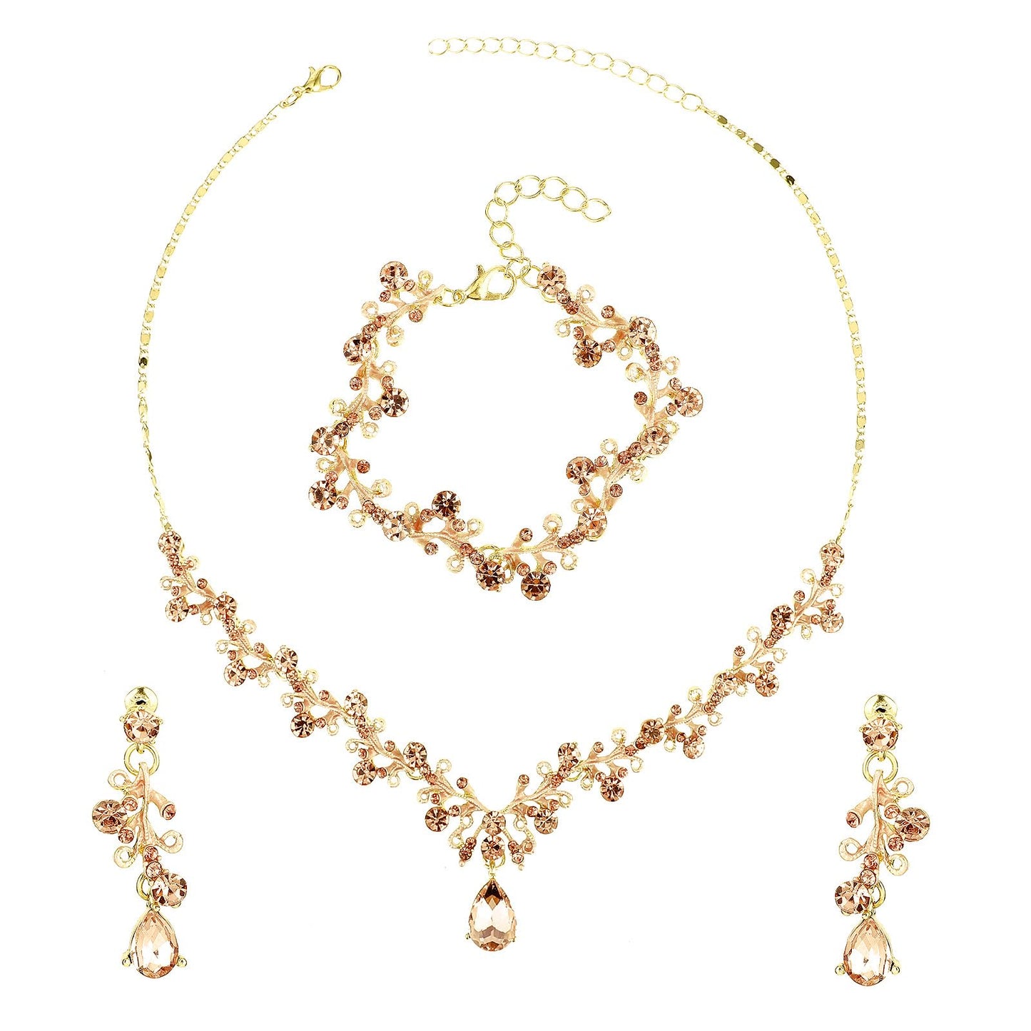 Rhinestone Wedding Jewelry Sets for Bridal Women Crystal Necklace Bracelet Earrings Set Prom Jewelry Set for Brides (Champagne Gold)