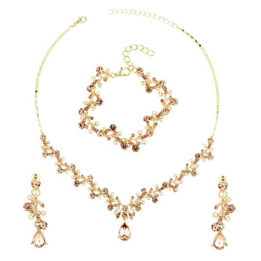 Rhinestone Wedding Jewelry Sets for Bridal Women Crystal Necklace Bracelet Earrings Set Prom Jewelry Set for Brides (Champagne Gold)