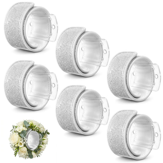 Fiyooau 6 Pcs Corsage Wristlet Band Silver Slap Bracelets with Acrylic Base Wedding DIY Wrist Corsage Bracelets for Bridesmaid Bridal Wedding Prom Party Photoshoot (No Flowers Included)