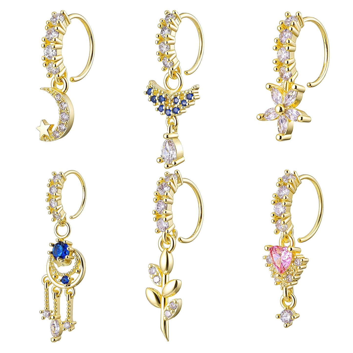 Telooco 6 Pcs Dangle Nose Ring Hoops for Women 20G Copper Gold Cubic Zirconia Moon Star Heart Flower Leaf Butterfly Dangly Nose Piercing Jewelry Daith Tragus Helix Lip Piercing