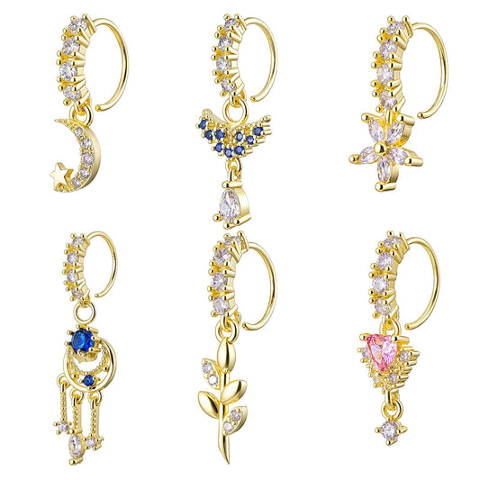 Telooco 6 Pcs Dangle Nose Ring Hoops for Women 20G Copper Gold Cubic Zirconia Moon Star Heart Flower Leaf Butterfly Dangly Nose Piercing Jewelry Daith Tragus Helix Lip Piercing