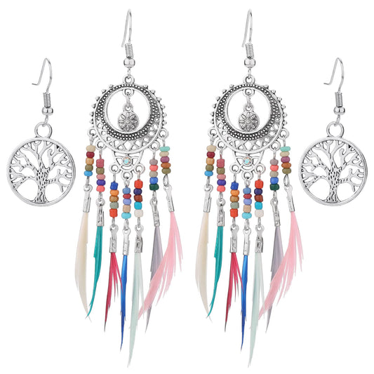 Yolev 2 Pairs Bohemian Earrings Set for Women Feather Tassel Silver Ethnic Retro Boho Statement Earring Set Dangle Earring Colorful Bead for Women Teen Girls Birthday Party Gifts (silver)