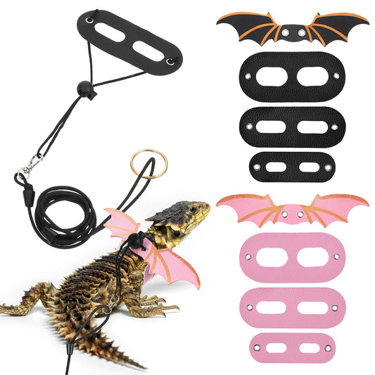 6pcs Bearded Dragon Leash and Harness Set,3 Sizes Detachable Adjustable Bearded Dragon Harness for Reptile Safety Walking Accessories(Black,Pink)