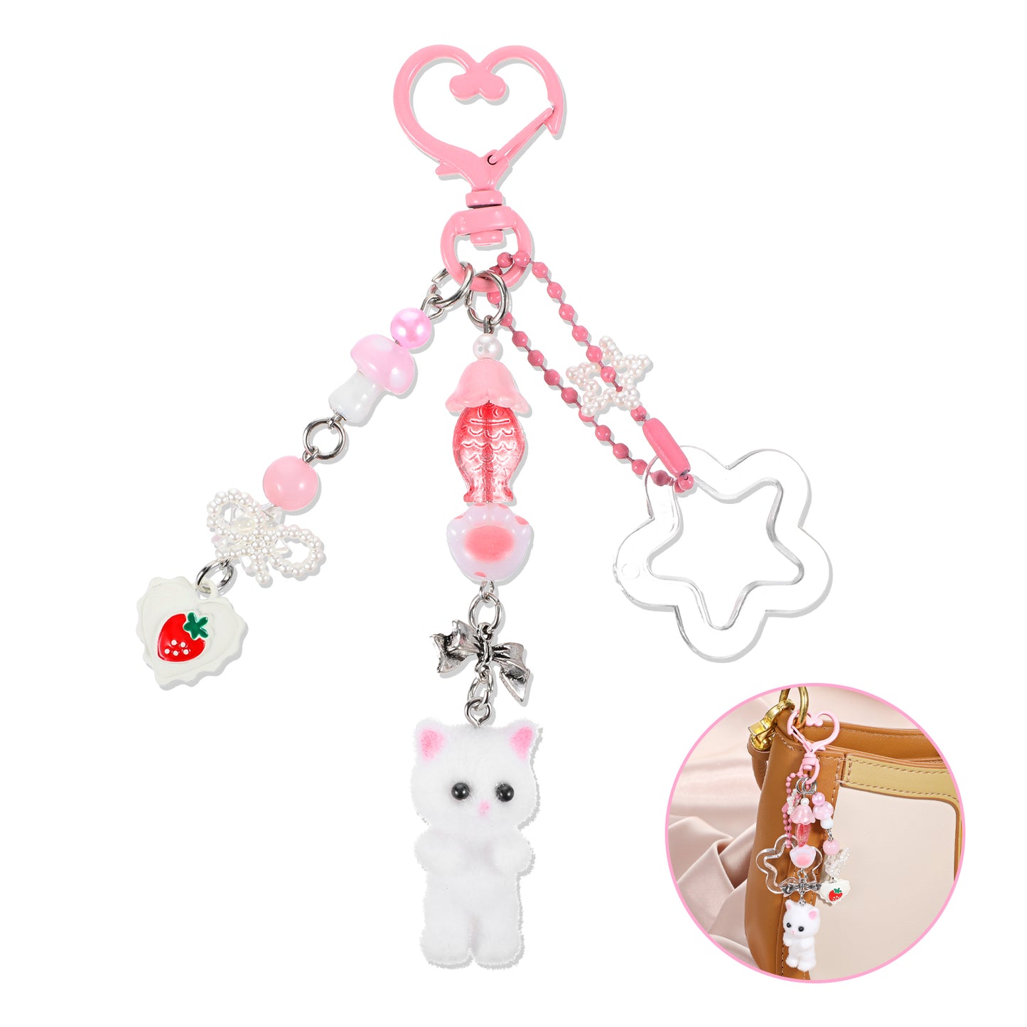 Telooco Cute Cat Keychain Pink Kawaii Keychain Girls Keychain Aesthetic Keychain Cat Lovers Keychain y2k Backpacks Bag Purse y2k Gifts, Pink, 13 cm