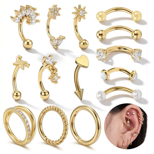 HekouJiub 16g Rook Piercing Jewelry - 14Pcs Gold Vertical Labret Lip Ring Stainless Steel Cartilage Hoop Curved Barbell Daith Tragus Piercing Jewelry for Women