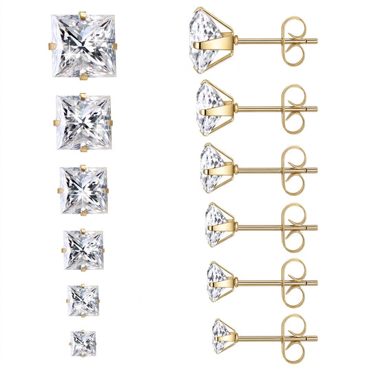 6 Pairs Square Stud Earrings Set for Women Men - Surgical 316L Stainless Steel & Cubic Zirconia for Sensitive Skin - 6 Sizes 3-8mm Mixed Pack - Minimalist Dainty Jewelry Gift for Multiple Piercings
