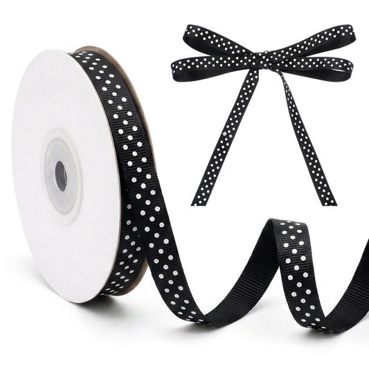 Polka Dot Ribbon 10mmx22m Black Grosgrain Ribbon Polka Dot Craft Tape for Gift Wrapping DIY Hair Bows Christmas Wedding Party Decor (Black and White)