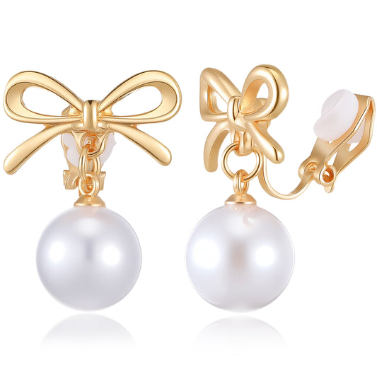 gold Pearl Clip On Earrings For Women - Bow Long Pearl Drop clip earrings for women - Lightweight Non Pierced Hoop Ear Clips For Wedding Bridal